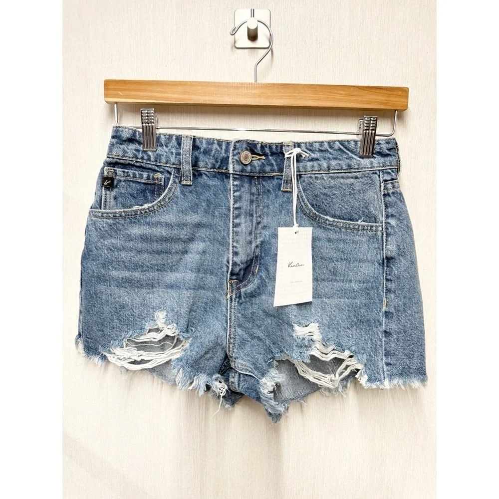 NWT Kancan Medium Wash High Rise Distressed Denim Shorts, Size 26